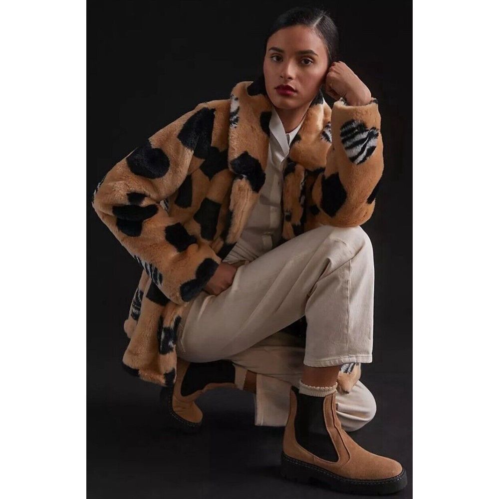 Anthropologie Maeve Faux Fur Coat‎ Sz Large $198 Jacket Brown Black Animal Print - Picture 5 of 16